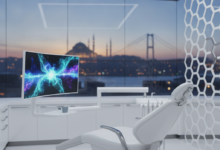 A photorealistic image showing a clean, high-tech dental clinic interior in the foreground, featuring modern dental equipment and sterile surfaces. In the deeply blurred background, the iconic cityscape of Istanbul with landmarks like the Hagia Sophia or Blue Mosque and a bridge is visible through a large window, blending healthcare with travel.