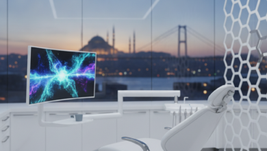 A photorealistic image showing a clean, high-tech dental clinic interior in the foreground, featuring modern dental equipment and sterile surfaces. In the deeply blurred background, the iconic cityscape of Istanbul with landmarks like the Hagia Sophia or Blue Mosque and a bridge is visible through a large window, blending healthcare with travel.