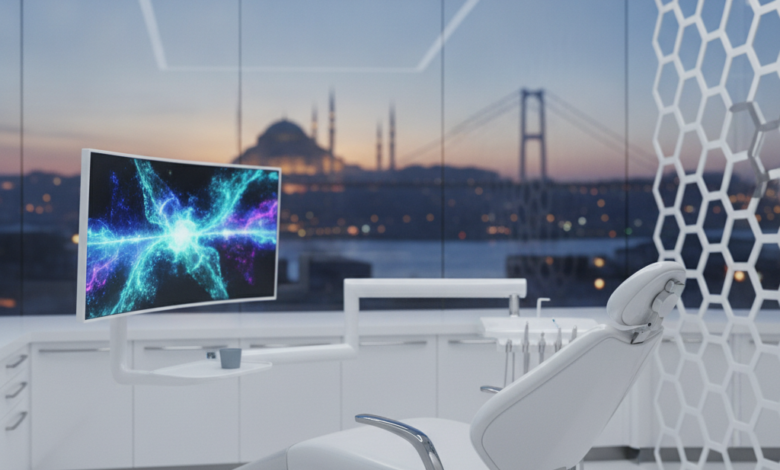 A photorealistic image showing a clean, high-tech dental clinic interior in the foreground, featuring modern dental equipment and sterile surfaces. In the deeply blurred background, the iconic cityscape of Istanbul with landmarks like the Hagia Sophia or Blue Mosque and a bridge is visible through a large window, blending healthcare with travel.