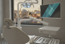 A photorealistic image of a sterile, modern dental clinic room. Advanced dental equipment including a sleek chair, light, and a monitor with abstract visuals are in the foreground. Through a blurred window, a sunny Turkish cityscape is subtly visible, emphasizing safety, technology, and location.