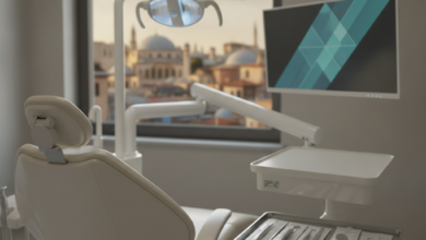 A photorealistic image of a sterile, modern dental clinic room. Advanced dental equipment including a sleek chair, light, and a monitor with abstract visuals are in the foreground. Through a blurred window, a sunny Turkish cityscape is subtly visible, emphasizing safety, technology, and location.