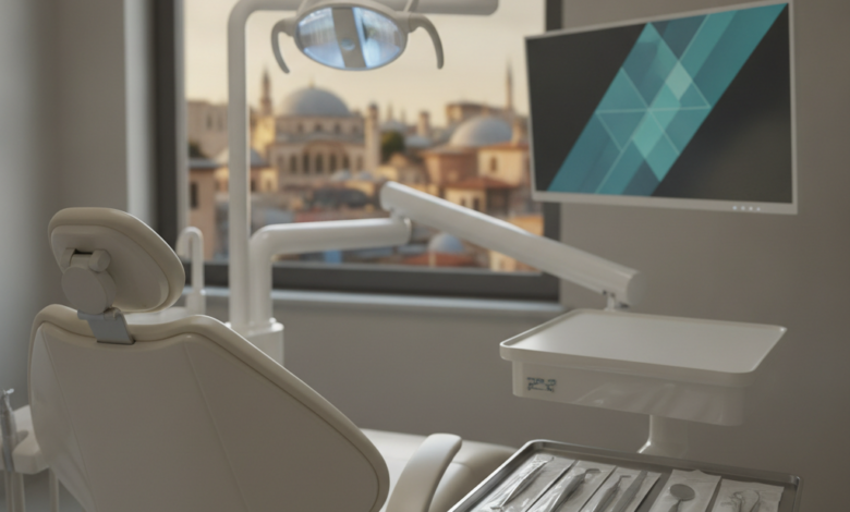 A photorealistic image of a sterile, modern dental clinic room. Advanced dental equipment including a sleek chair, light, and a monitor with abstract visuals are in the foreground. Through a blurred window, a sunny Turkish cityscape is subtly visible, emphasizing safety, technology, and location.