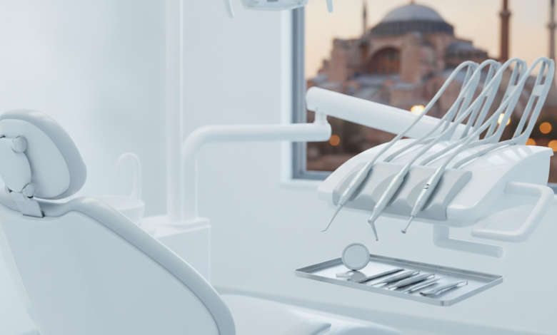 A modern, sterile dental clinic interior with a sleek, empty dental chair and high-tech dental instruments on a tray in the foreground. Through a large, blurred window in the background, a recognizable, out-of-focus Turkish landmark like the Hagia Sophia or a mosque's minaret, overlooking the Bosphorus, is visible. The lighting is bright and cinematic, emphasizing cleanliness and the fusion of dental care with tourism. No text or visible branding.