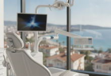 A bright, modern dental clinic interior with a pristine white dental chair in the foreground. Through a large window in the background, a blurred, sun-drenched coastal city, reminiscent of a Turkish landscape, is visible. The scene emphasizes high-quality dental care in an attractive travel destination, with subtle hints of advanced technology and comfort.