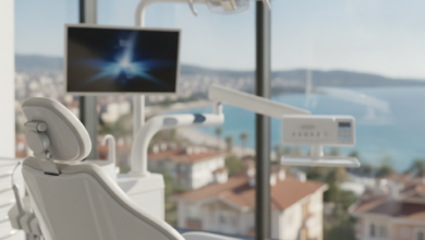 A bright, modern dental clinic interior with a pristine white dental chair in the foreground. Through a large window in the background, a blurred, sun-drenched coastal city, reminiscent of a Turkish landscape, is visible. The scene emphasizes high-quality dental care in an attractive travel destination, with subtle hints of advanced technology and comfort.