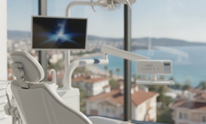 A bright, modern dental clinic interior with a pristine white dental chair in the foreground. Through a large window in the background, a blurred, sun-drenched coastal city, reminiscent of a Turkish landscape, is visible. The scene emphasizes high-quality dental care in an attractive travel destination, with subtle hints of advanced technology and comfort.
