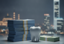 A clear visual comparison featuring two stacks of generic currency notes; one stack is notably taller representing higher costs, the other is much shorter signifying lower costs. Between them is a stylized, clean white molar tooth. The background is a blurred, abstract blend of a city skyline, subtly hinting at a global context for dental treatment cost differences.
