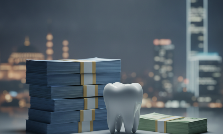 A clear visual comparison featuring two stacks of generic currency notes; one stack is notably taller representing higher costs, the other is much shorter signifying lower costs. Between them is a stylized, clean white molar tooth. The background is a blurred, abstract blend of a city skyline, subtly hinting at a global context for dental treatment cost differences.