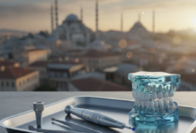 A photorealistic image showing modern, sterile dental instruments on a tray in sharp focus in the foreground. The background is softly blurred, revealing a scenic Turkish cityscape with traditional architectural elements like domes and minarets.