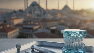A photorealistic image showing modern, sterile dental instruments on a tray in sharp focus in the foreground. The background is softly blurred, revealing a scenic Turkish cityscape with traditional architectural elements like domes and minarets.