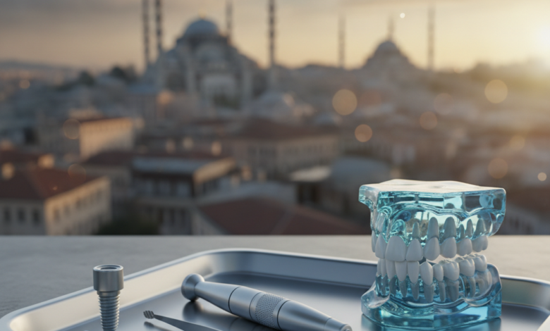 A photorealistic image showing modern, sterile dental instruments on a tray in sharp focus in the foreground. The background is softly blurred, revealing a scenic Turkish cityscape with traditional architectural elements like domes and minarets.
