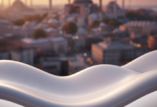 A photorealistic image of Istanbul at golden hour, with iconic landmarks like the Hagia Sophia and Blue Mosque blurred in the background, bathed in warm, cinematic light. In the sharp foreground, a smooth, abstract, radiant white surface subtly represents dental perfection and modern care.