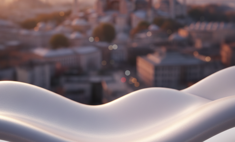 A photorealistic image of Istanbul at golden hour, with iconic landmarks like the Hagia Sophia and Blue Mosque blurred in the background, bathed in warm, cinematic light. In the sharp foreground, a smooth, abstract, radiant white surface subtly represents dental perfection and modern care.