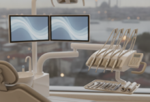 A close-up, photorealistic shot of a modern, clean dental clinic interior with an ergonomic dental chair and advanced equipment. Through a blurred window in the background, an iconic, indistinct Turkish cityscape or waterway is visible.
