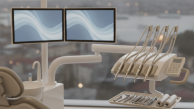 A close-up, photorealistic shot of a modern, clean dental clinic interior with an ergonomic dental chair and advanced equipment. Through a blurred window in the background, an iconic, indistinct Turkish cityscape or waterway is visible.