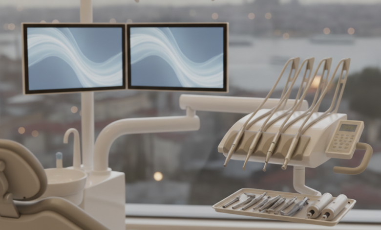 A close-up, photorealistic shot of a modern, clean dental clinic interior with an ergonomic dental chair and advanced equipment. Through a blurred window in the background, an iconic, indistinct Turkish cityscape or waterway is visible.