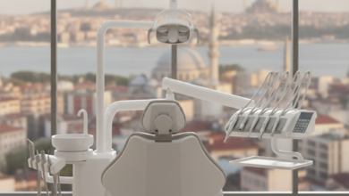 A modern, bright dental clinic with a pristine white dental chair and advanced equipment in the foreground. Through a large window in the background, a blurred but identifiable cityscape of Istanbul, Turkey, with its distinctive minarets and domes, is visible under warm daylight, symbolizing dental tourism.