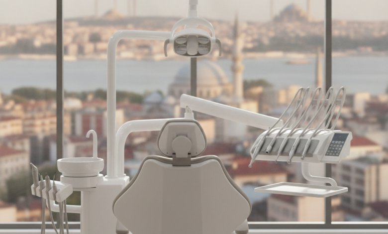 A modern, bright dental clinic with a pristine white dental chair and advanced equipment in the foreground. Through a large window in the background, a blurred but identifiable cityscape of Istanbul, Turkey, with its distinctive minarets and domes, is visible under warm daylight, symbolizing dental tourism.