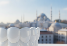 A stylized, gleaming white and highly polished abstract form representing perfect dental health in sharp focus. Behind it, a softly blurred, picturesque cityscape of Istanbul, Turkey, with iconic domes and minarets visible against a clear sky, showcasing a blend of medical care and travel.