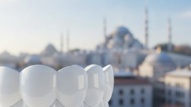 A stylized, gleaming white and highly polished abstract form representing perfect dental health in sharp focus. Behind it, a softly blurred, picturesque cityscape of Istanbul, Turkey, with iconic domes and minarets visible against a clear sky, showcasing a blend of medical care and travel.