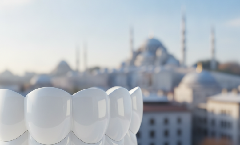 A stylized, gleaming white and highly polished abstract form representing perfect dental health in sharp focus. Behind it, a softly blurred, picturesque cityscape of Istanbul, Turkey, with iconic domes and minarets visible against a clear sky, showcasing a blend of medical care and travel.
