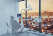 A modern, high-tech dental clinic interior with a gleaming dental chair and sophisticated equipment in the foreground. Through a large window in the background, a warm, blurred cityscape with silhouettes of Turkish architectural elements like domes and minarets is visible, suggesting Istanbul or another major Turkish city.