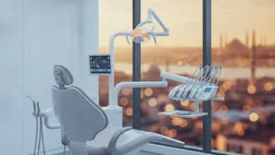 A modern, high-tech dental clinic interior with a gleaming dental chair and sophisticated equipment in the foreground. Through a large window in the background, a warm, blurred cityscape with silhouettes of Turkish architectural elements like domes and minarets is visible, suggesting Istanbul or another major Turkish city.