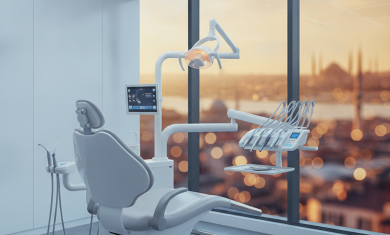 A modern, high-tech dental clinic interior with a gleaming dental chair and sophisticated equipment in the foreground. Through a large window in the background, a warm, blurred cityscape with silhouettes of Turkish architectural elements like domes and minarets is visible, suggesting Istanbul or another major Turkish city.